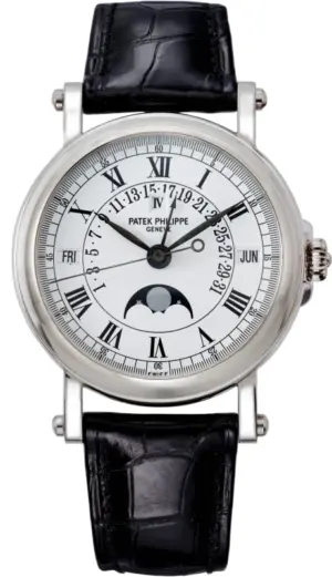 Patek Philippe Perpetual Calendar Silver Dial 18kt White Gold Black Leather Men's Watch 5059G